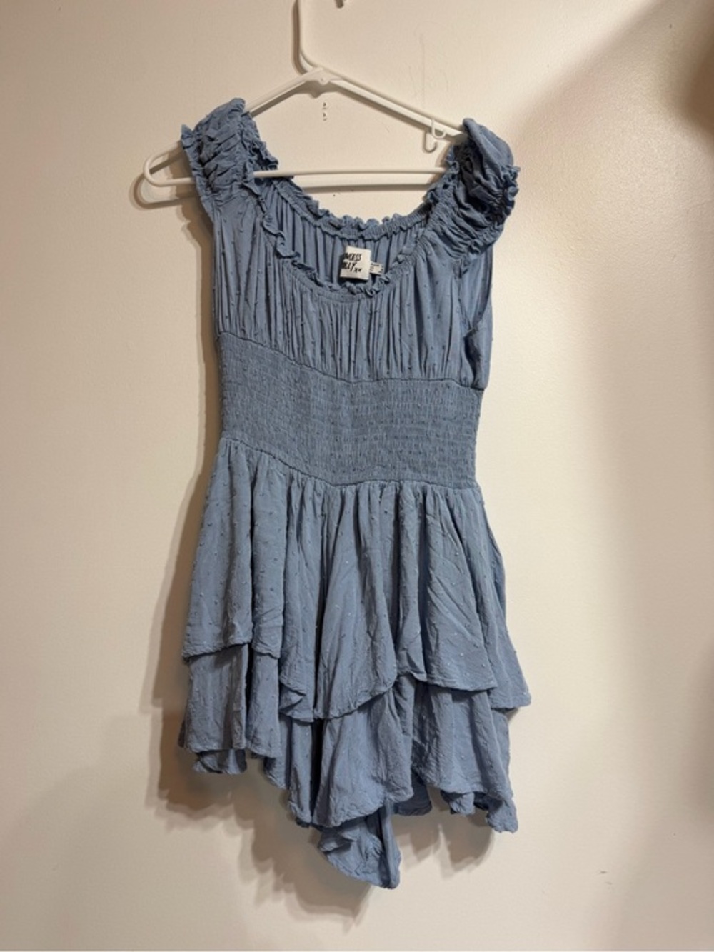 Princess Polly Blue Swiss Dot Ruffled Smocked Mini Dress Size US 8